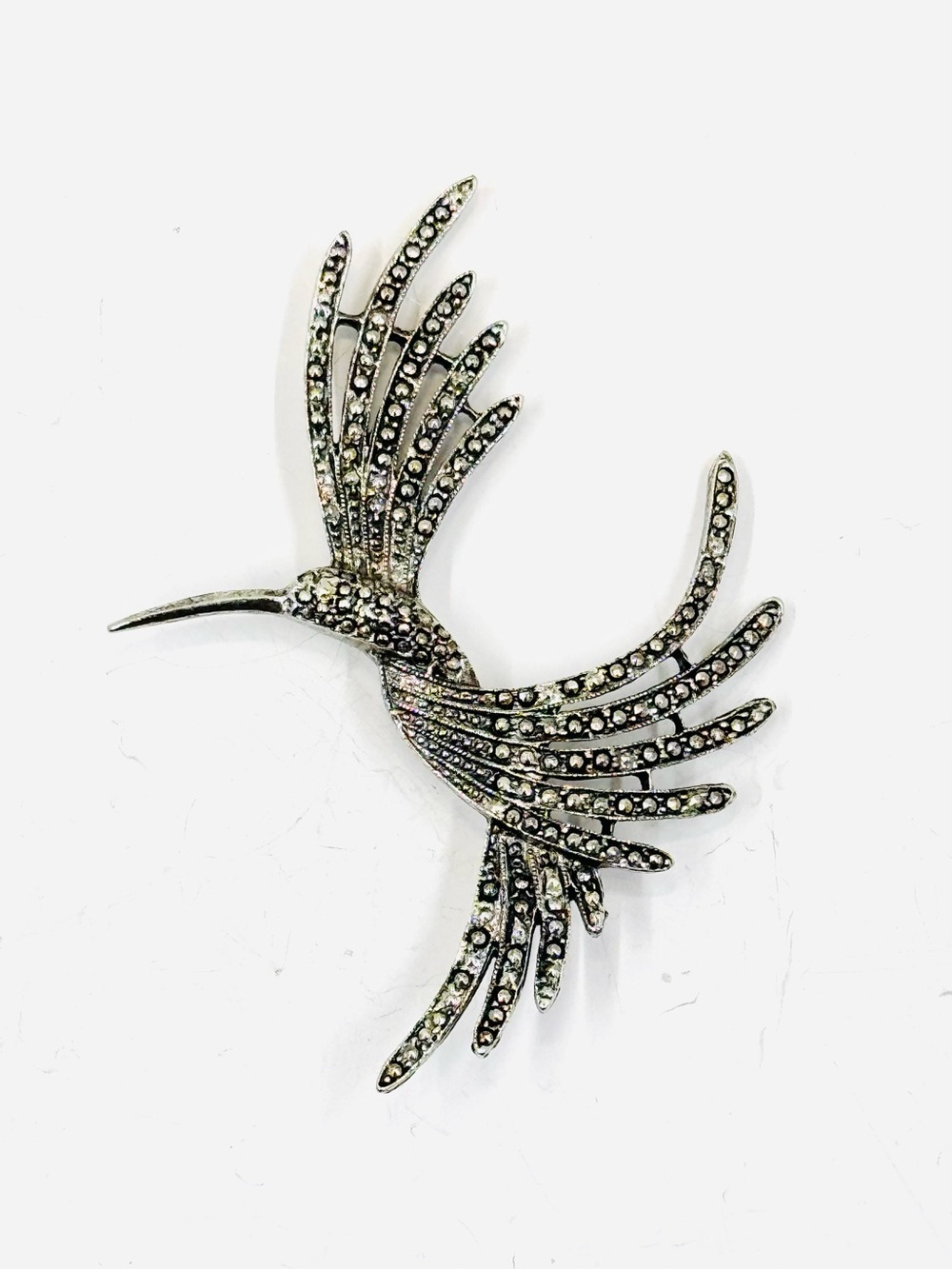 Vintage Silver Tone Marcasite Hummingbird Bird Brooch 3.5” X 2.5”